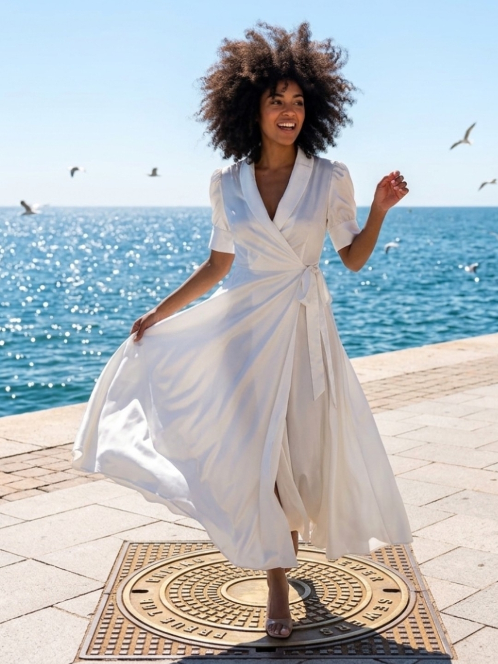 Celmia Luxurious White Satin Wrap Midi Dress - XL - Puff Sleeves & Wide Flare